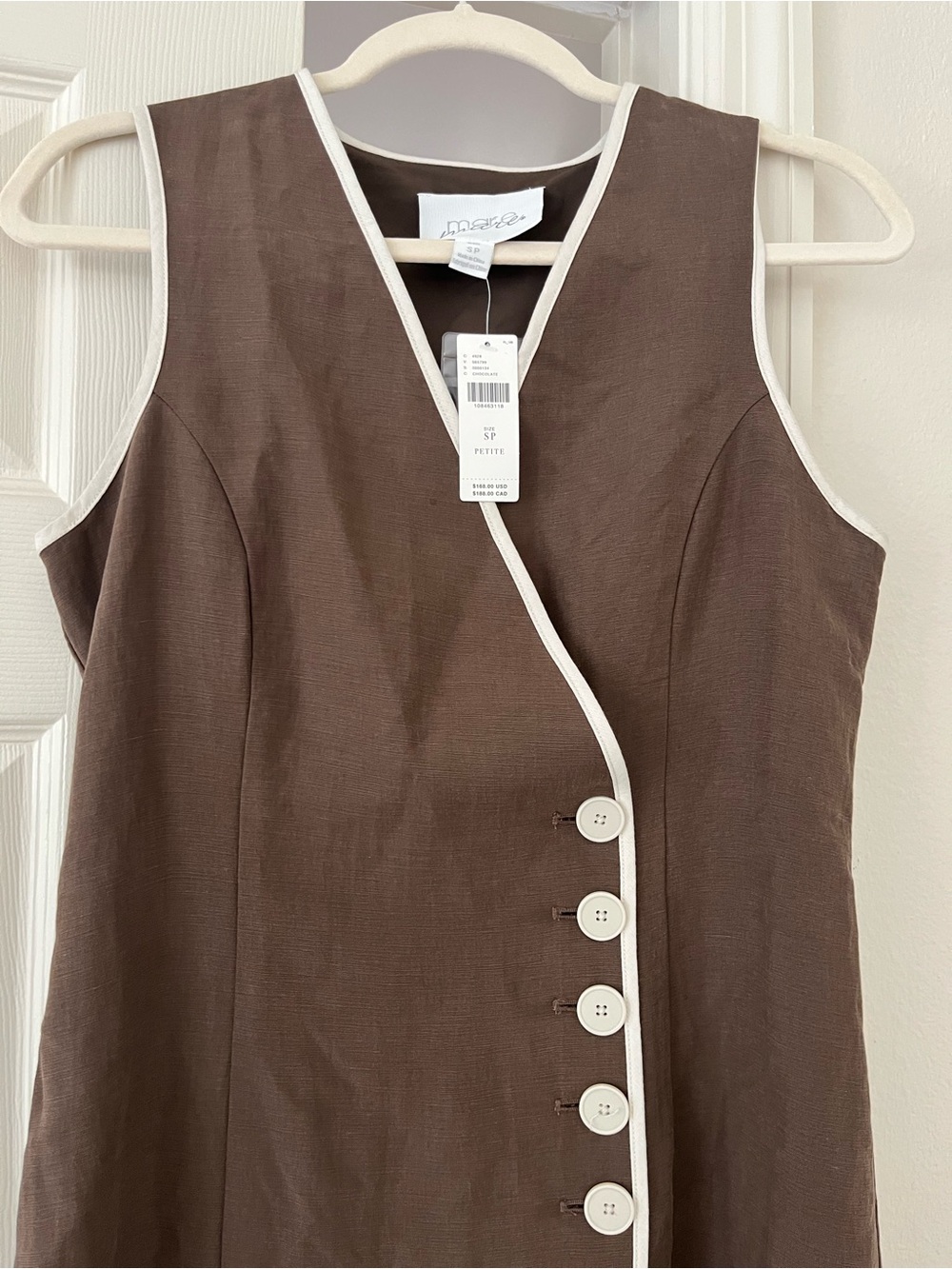 Mare Mare Anthropologie Brown One-Shoulder Wrap Dress with Cream Trim Small P - Picture 6 of 14